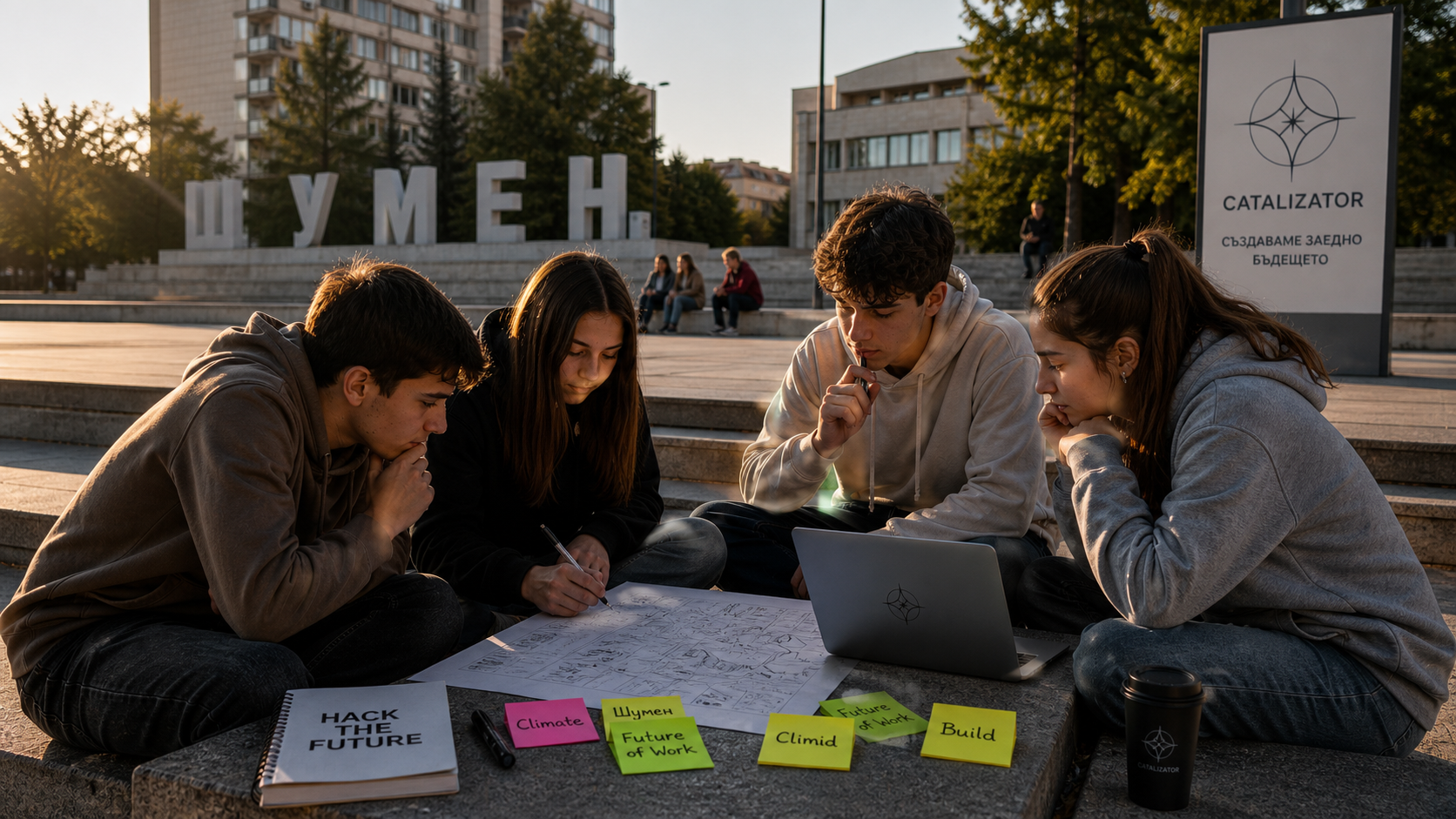 Young people collaborating with technology in a city setting